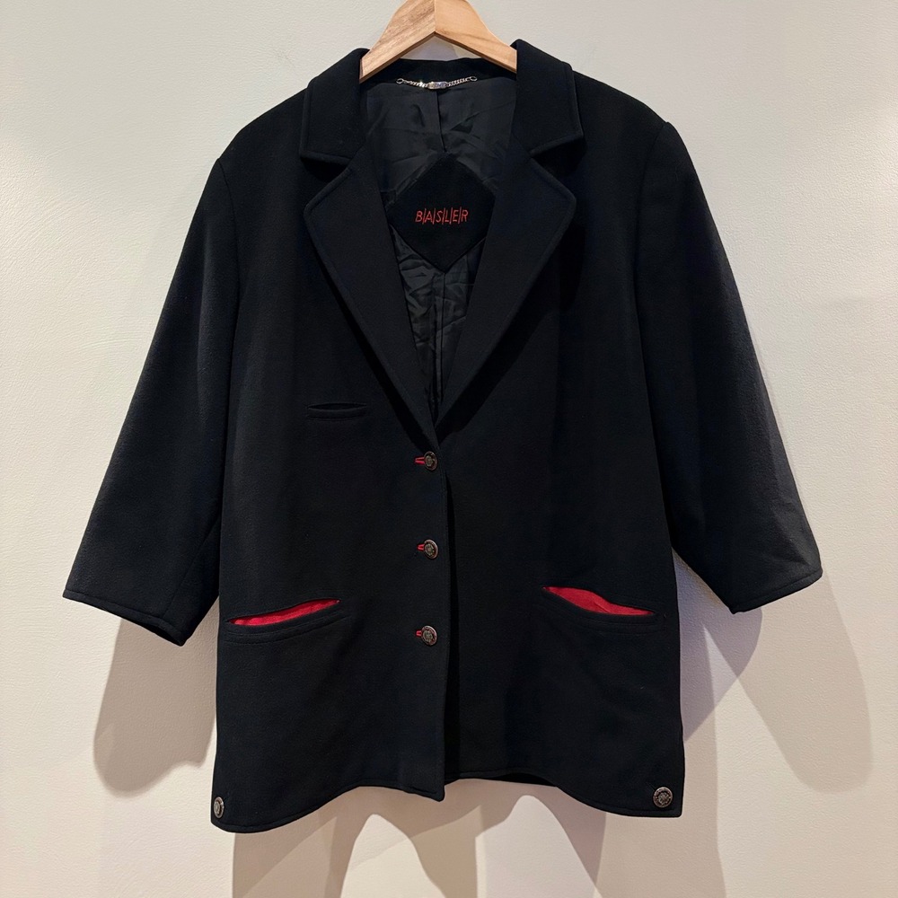 Vintage Basler Black Wool Cashmere Trachten Longline Jacket - Red Trim Size 40